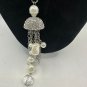 Silver & Pearl Beaded Necklace With Rhinestone Tassel Pendant & Lobster Clasp