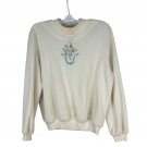 Vintage Teddi Womens Embroidered Floral Sweater Long Sleeve Large Cream Ribbed