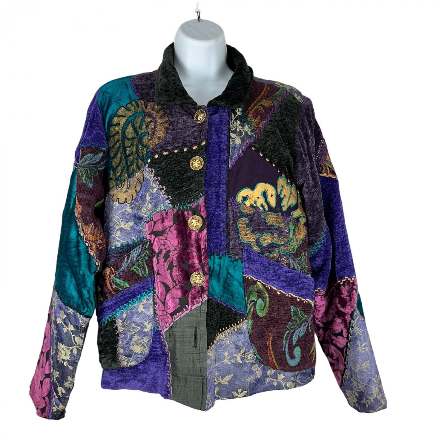 Boho Patchwork Jacket Medium Multicolor Gold Buttons Embroidered India