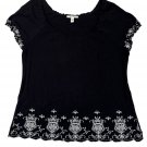 JM Collection Womens Large Black Top Embroidered Floral Short Sleeve Casual