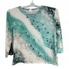 Abstract Floral Green & White Long Sleeve Blouse Womens Size Large Polyester