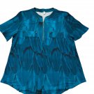 Luckymore Womens XL Blue Feather Print Zip Front Short Sleeve Blouse Casual Top