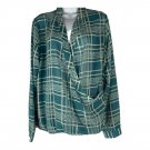 Cabi Womens Plaid Draped Blouse Medium Teal White Long Sleeve Polyester Top