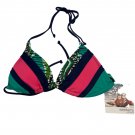 Seekers Womens Bikini Top Sz S Green Pink Navy Striped Adjustable Ties Swimwear