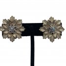 Vintage Gold-Tone Floral Clip-On Earrings With Rhinestone Accents