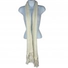 White Acrylic Knit Scarf With Fringe Detail Womens Lightweight Soft Warm Made In