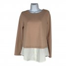 Calvin Klein Womens XS Beige Long Sleeve Sweater Layered Look White Hem Gold