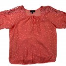 BCX Womens Coral Polka Dot Lace Shoulder Blouse XL Sheer Short Sleeve Top