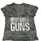 Universal Thread Camo Messy Buns & Guns Women’s V-Neck T-Shirt Size S Cotton Tee