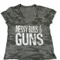 Universal Thread Camo Messy Buns & Guns Women&acirc;��s V-Neck T-Shirt Size S Cotton Tee