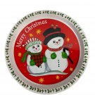 Vintage Metal Christmas Tray Snowman Design Holiday Decor 13" Round Red & White