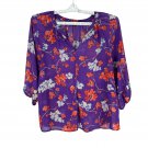 Apt. 9 Womens Floral Sheer Blouse Purple Red 3/4 Sleeve Lightweight Size Large