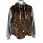 Leopard Print Denim Jacket With Gray Sleeves & Hood 100% Cotton Size S