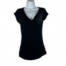 Black V-Neck Susie Rose Embellished Tee W/ Rhinestone Design Size Medium