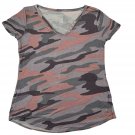 Maurices 24/7 Womens V-Neck Camouflage Shirt Small Pink Gray Stretchy Casual Tee
