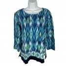Alfred Dunner Womens Beaded 3/4 Sleeve Top Size M Green & Blue Ikat Print Alfred Dunner Womens Beaded 3/4 Sleeve Top Size M Green & Blue Ikat Print
