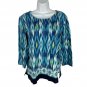 Alfred Dunner Womens Beaded 3/4 Sleeve Top Size M Green & Blue Ikat Print