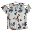 Floral Cold Shoulder Blouse XL Cream Blue Red Cotton Blend Casual Top