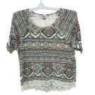 No Boundaries Womens XXL Aztec Print Lace Hem Short Sleeve Knit Top Black/Taupe