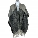 Cozy Knit Poncho Shawl With Fringe Hem Gray & Black One Size Fits All
