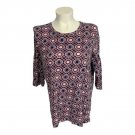 Fresh Womens 2X Geometric Pattern Long-Sleeve Top Navy Pink Stretch Cotton Blend