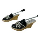 Delicious Womens Black Wedge Heels With Silver Accents & Raffia Platform Size 7