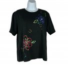 Crystal Kobe Black Floral Sequin Embellished Womens T Shirt Size Large Cotton