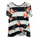 Floral Striped Womens Knot Front Tee Large Black White Short Sleeve Stretch Top
