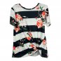 Floral Striped Womens Knot Front Tee Large Black White Short Sleeve Stretch Top