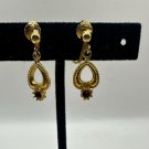 Vintage Gold-Tone Clip-On Earrings With Teardrop Design & Red Gem Accents