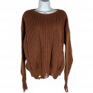 Distressed Brown Knit Sweater - Womens Size L - 100% Polyester