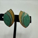 Vintage Gold-Tone Clip-On Earrings With Green & Yellow Enamel Abstract Leaf
