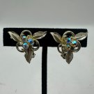 Vintage Floral Clip-On Earrings Rhinestones Silver Tone Costume Jewelry Leaf