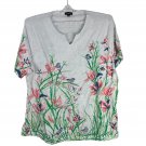 Links Womens Floral Bird Print Short Sleeve Notch Neck Top White 2X Stretch