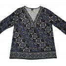 Rafaella Womens L Printed V-Neck Top 3/4 Sleeve Multicolor Boho Pattern