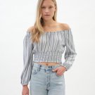 Aeropostale Womens XS Off-Shoulder Stripe Long Sleeve Cropped Blouse Blue White