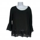 Charming Charlie Womens Black Crochet Hem Tunic Top Medium 3/4 Sleeve Keyhole De