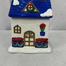 Vintage Ceramic House-Shaped Candy Jar Ornamented With Blue Roof
