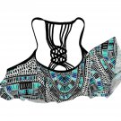 California Waves Multi-Color Ruffle Bikini Top Macramé Back S Geometric Print California Waves Multi-Color Ruffle Bikini Top Macramé Back S Geometric Print