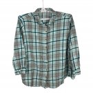 Woman Within Plaid Button-Down Shirt 3X Gray & Teal Long Sleeve Cotton Casual Fi