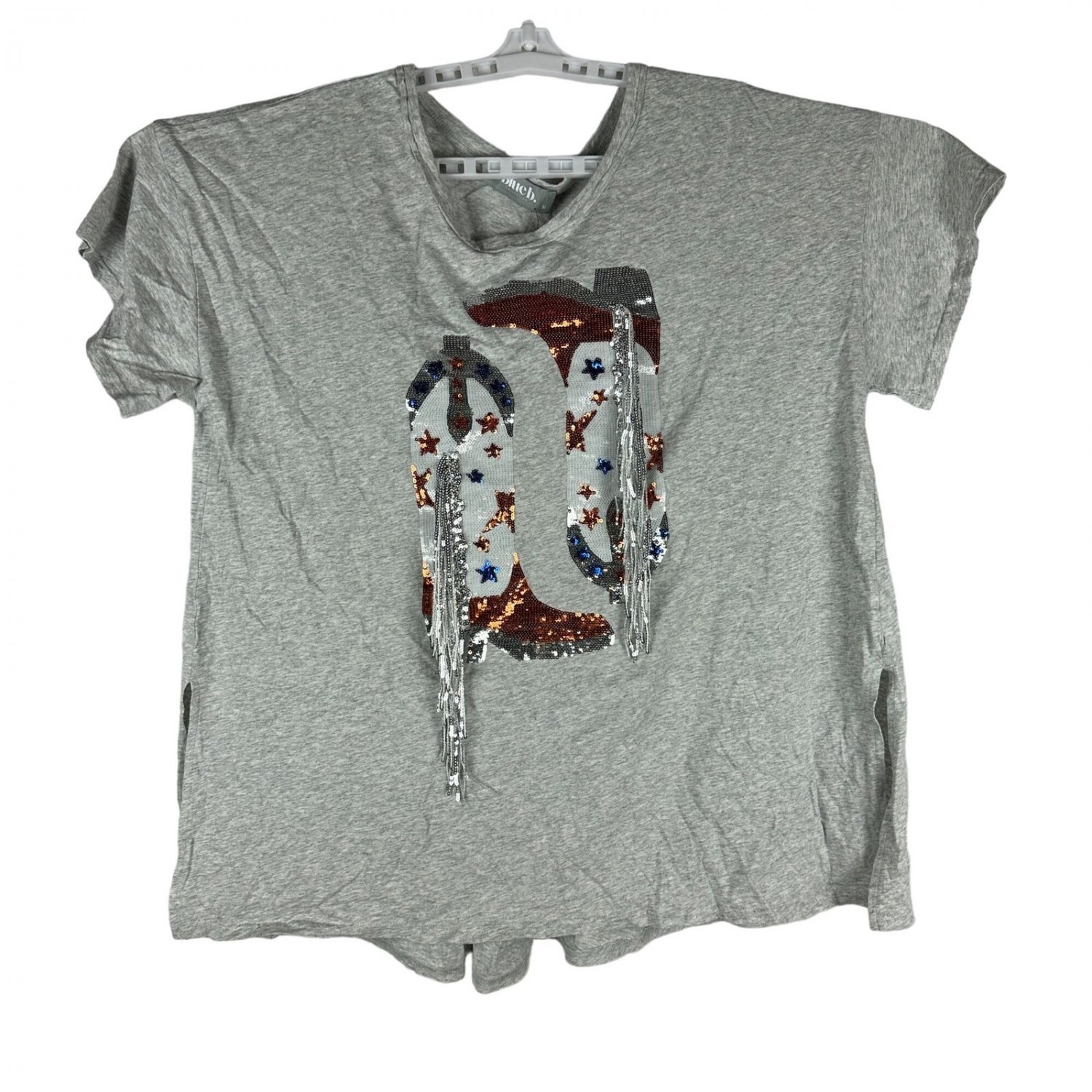 Blue B Collection Heather Grey Sequin Boot Graphic Womens Tee Shirt Size M