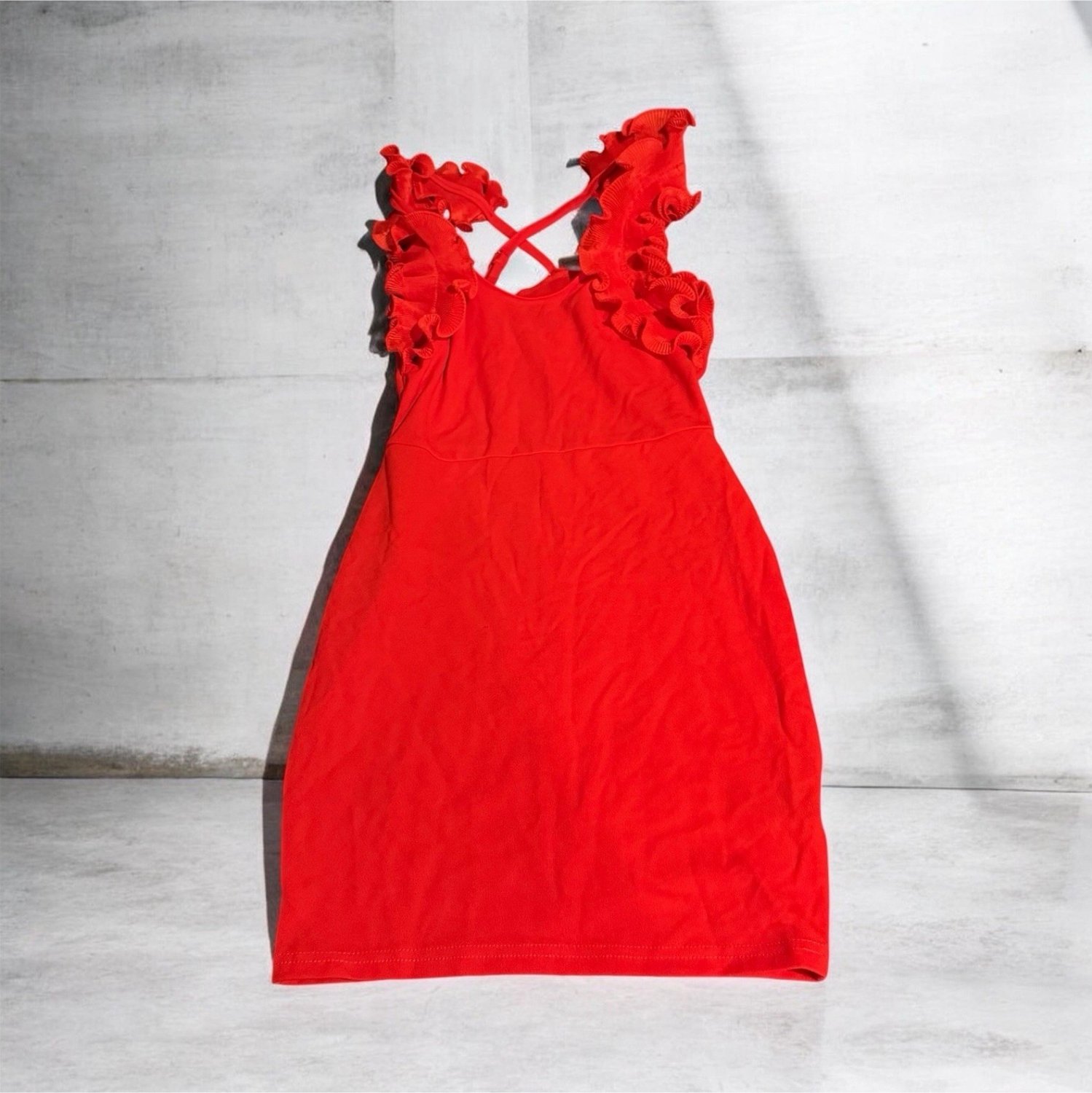 SHEIN Red Ruffle Strap Mini Dress Sleeveless Square Neck Size S Knit Polyester