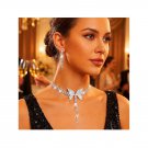Crystal Bow Butterfly  Pendant Choker Necklace and Earrings Set - Silver