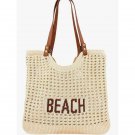 Cream 'BEACH' Crochet Tote Bag with Brown Handles