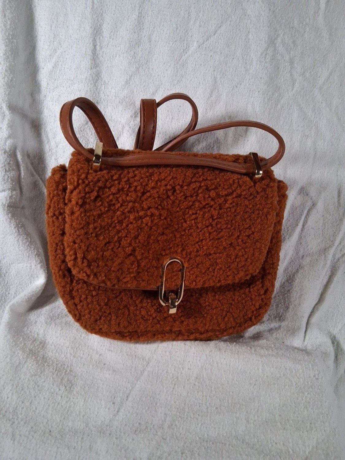 A New Day BROWN fuzzy teddy Mini Crossbody Bag&Acirc;&nbsp;GOLD Hardware Perfect Autumn Bag