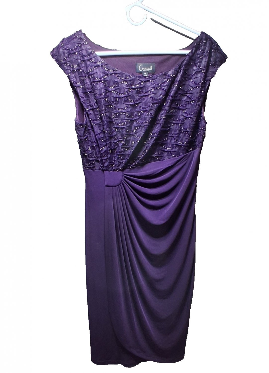 Connected Apparel Plum Purple Sequin Lace Faux Wrap Sheath Dress Size 10