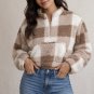 Brown White Buffalo Plaid Cropped Sherpa Half Zip Sweatshirt Teddy Bear Fleece L