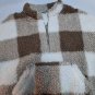 Brown White Buffalo Plaid Cropped Sherpa Half Zip Sweatshirt Teddy Bear Fleece L