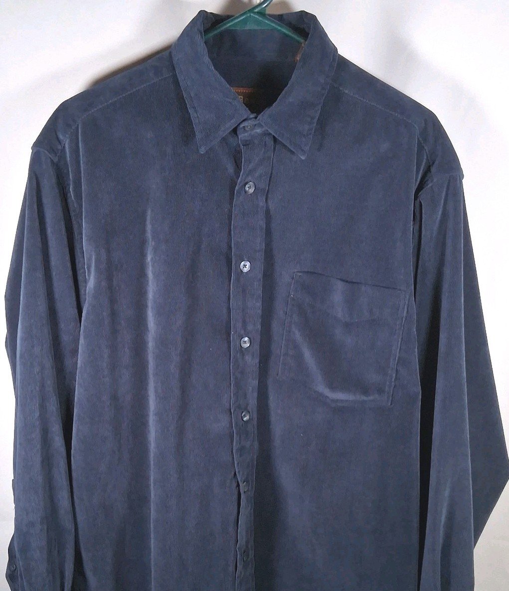 Basic Options Men's Blue Corduroy Long Sleeve Button Up Shirt Size Medium