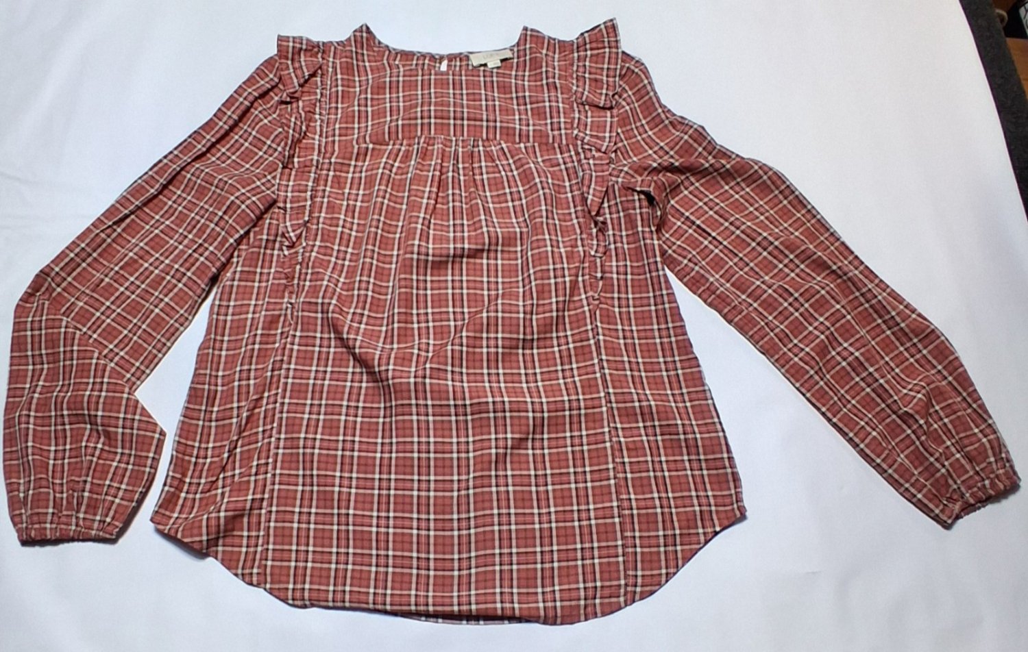 LOFT Plaid Ruffle Blouse Womens Small Rust Pink Cottagecore Long Sleeve Peasant